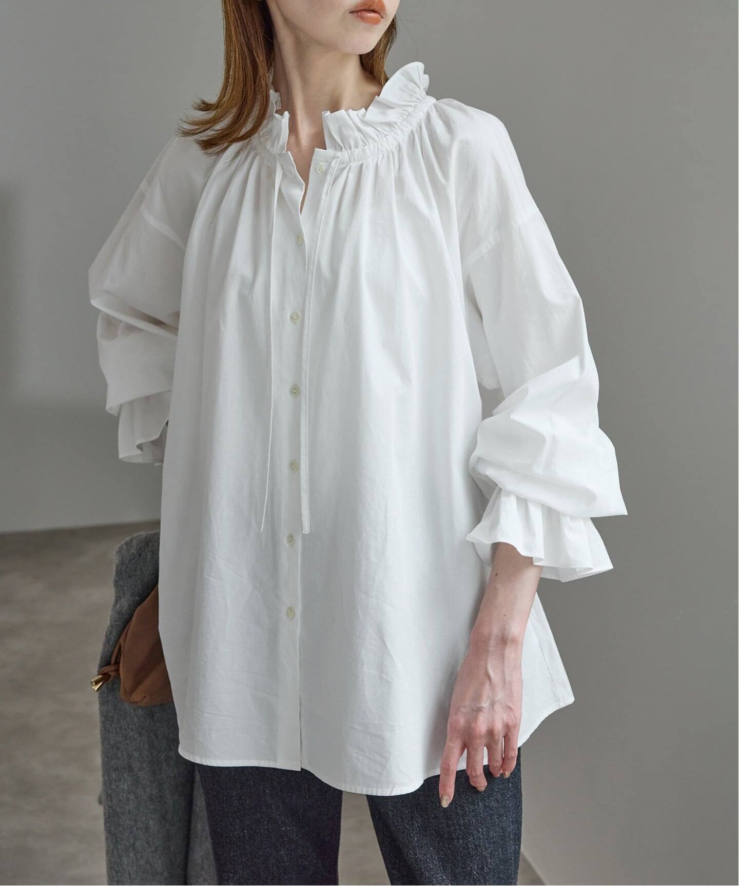 追加》タイプライターフリルカラーブラウス（シャツ／ブラウス