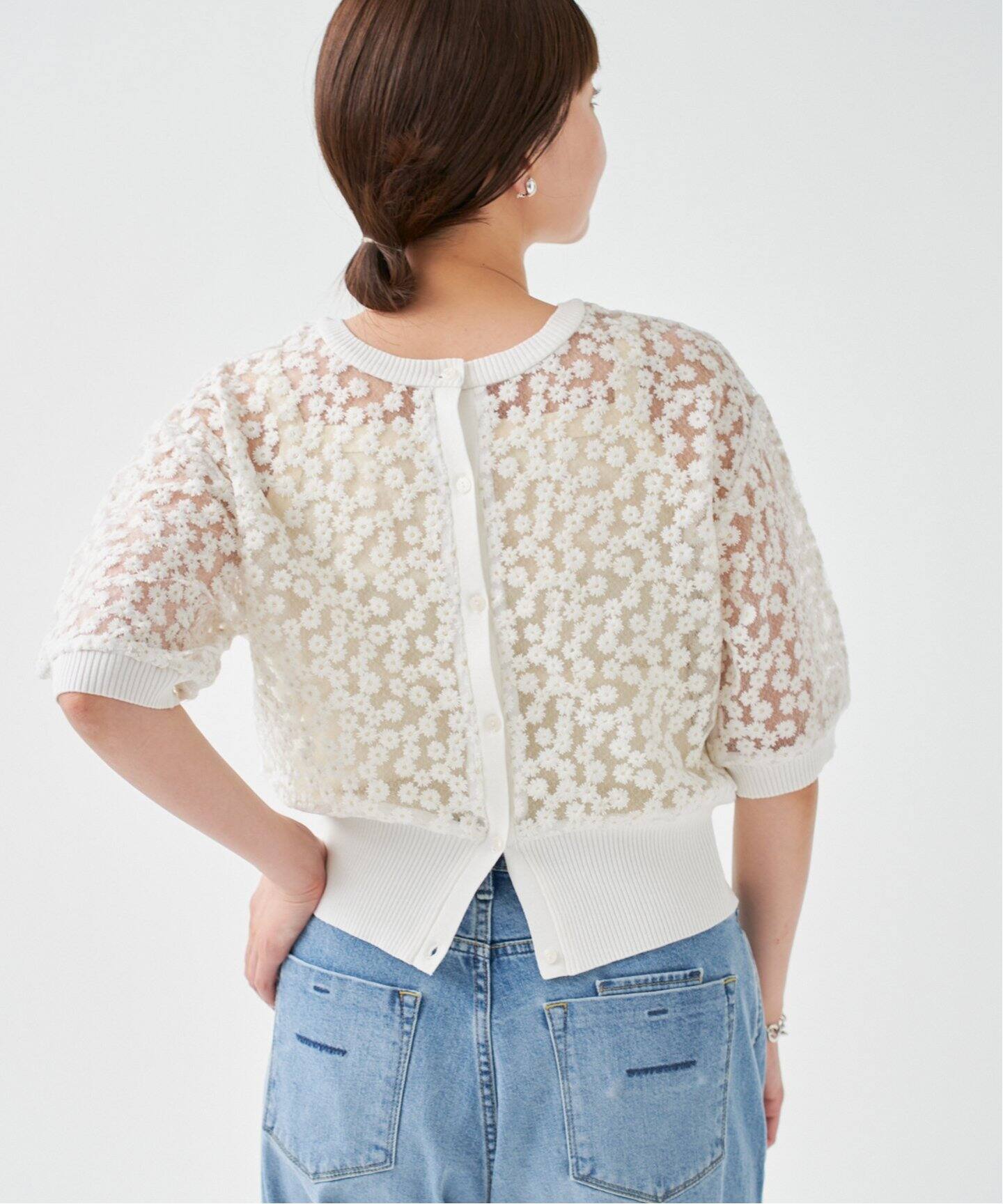 フラワーレースハーフスリーブニット カーディガン（カーディガン
