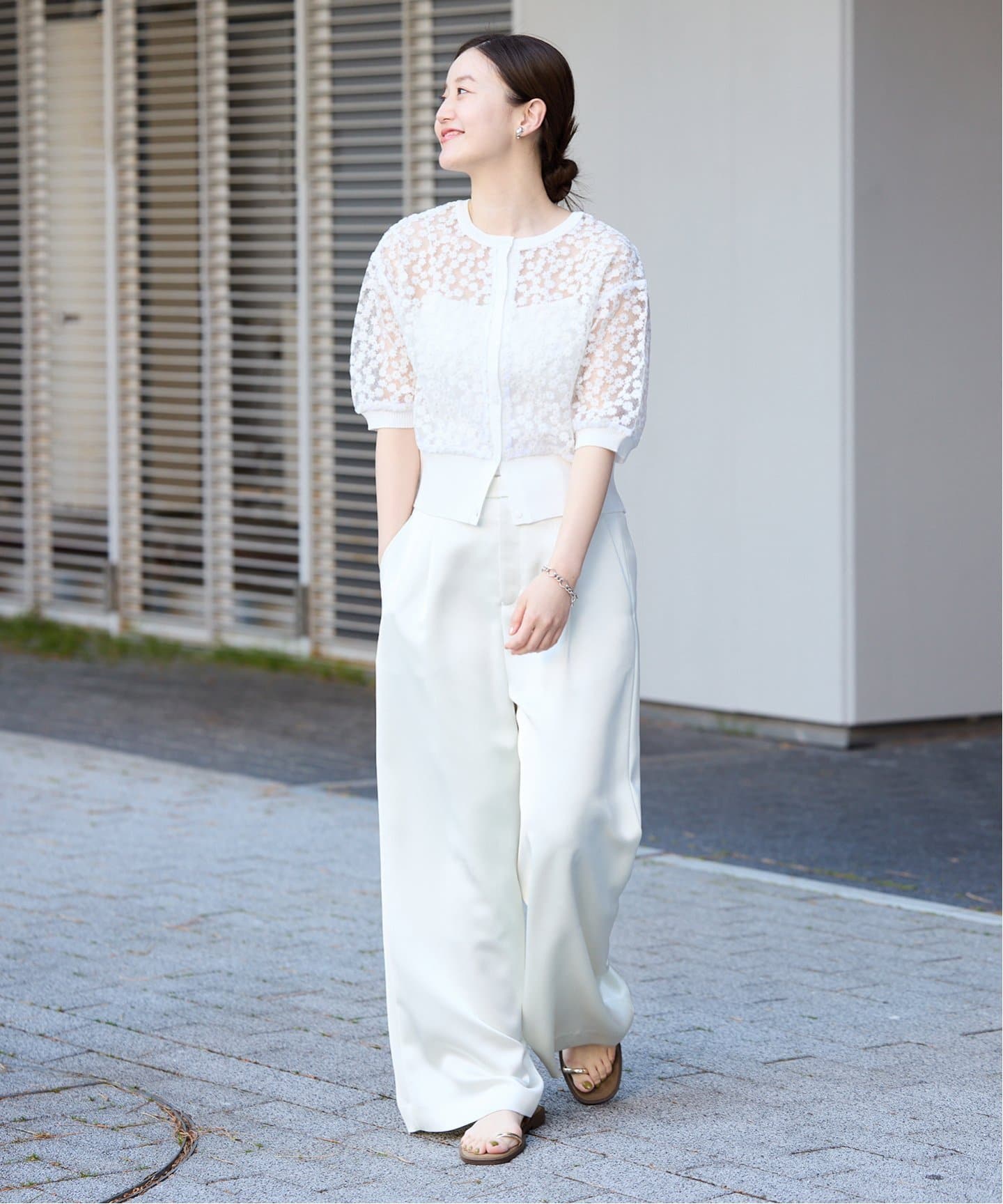 フラワーレースハーフスリーブニット カーディガン（カーディガン