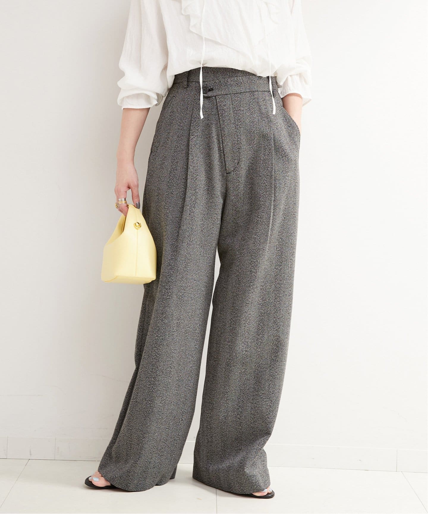 ウォッシャブル / リネンライクツイードアシメラップタックパンツ