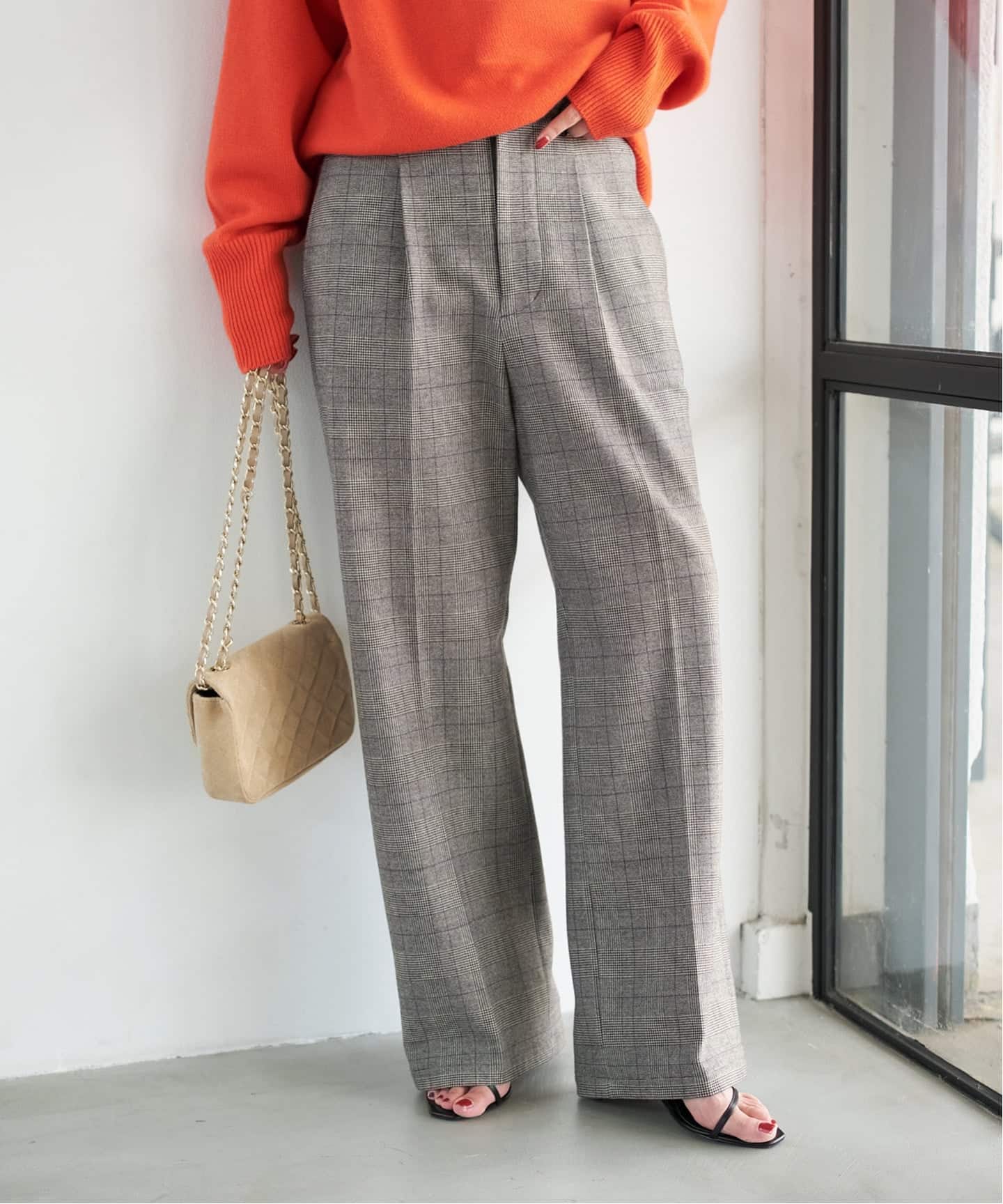 手洗い可》グレンチェック起毛タックストレートパンツ（スラックス