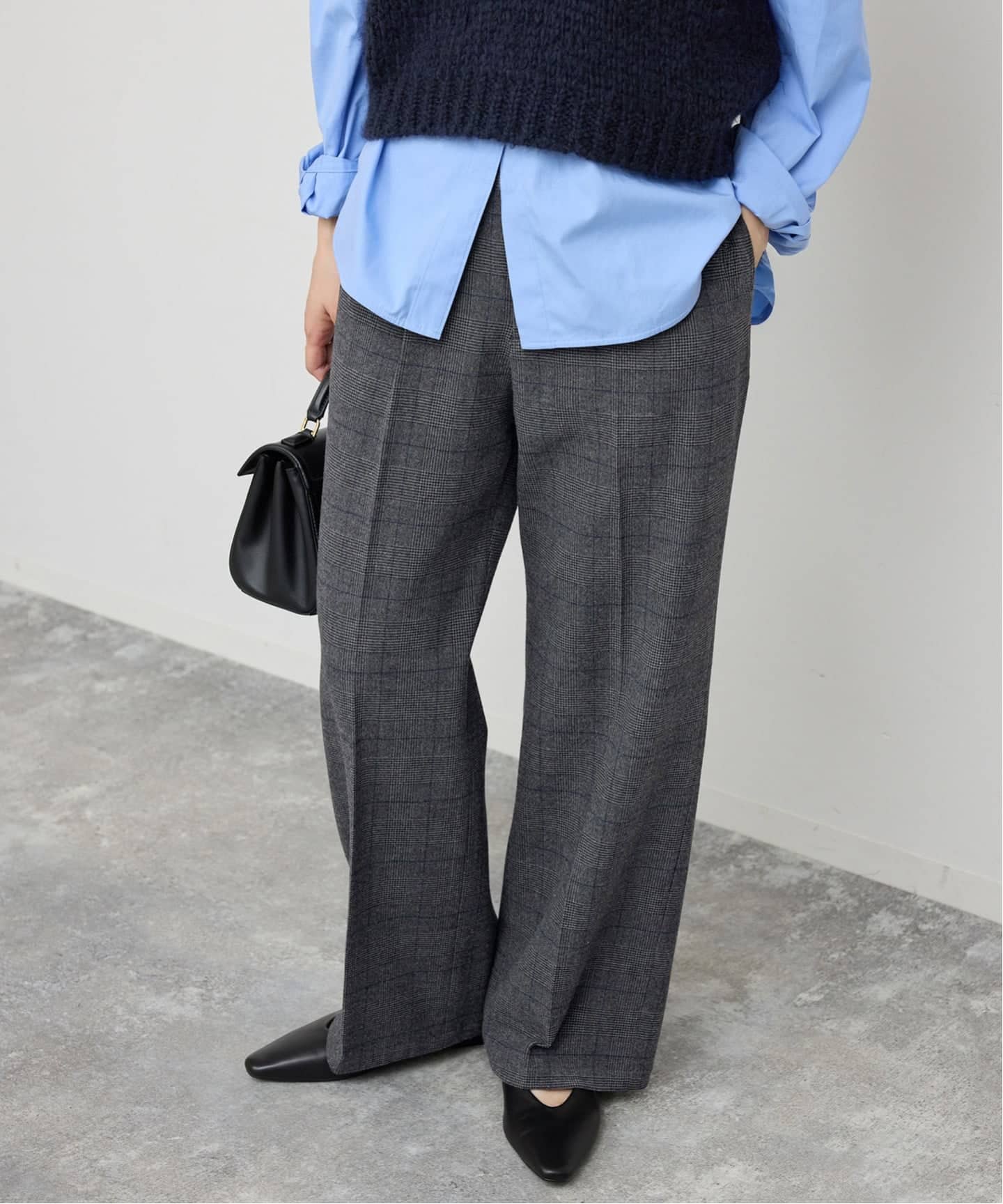 手洗い可》グレンチェック起毛タックストレートパンツ（スラックス