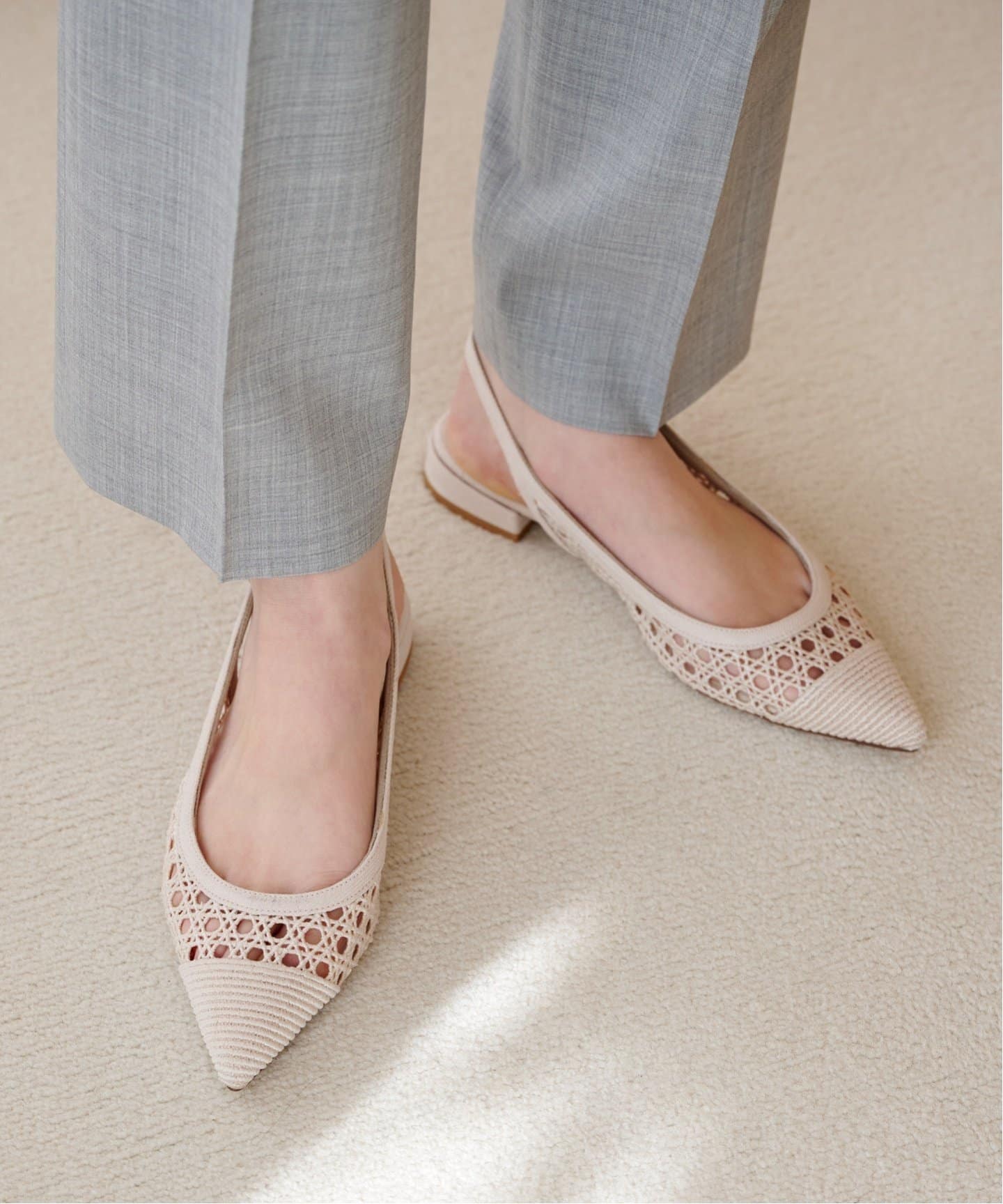 追加》ポインテッドクロシェレーススリングバック（フラットシューズ