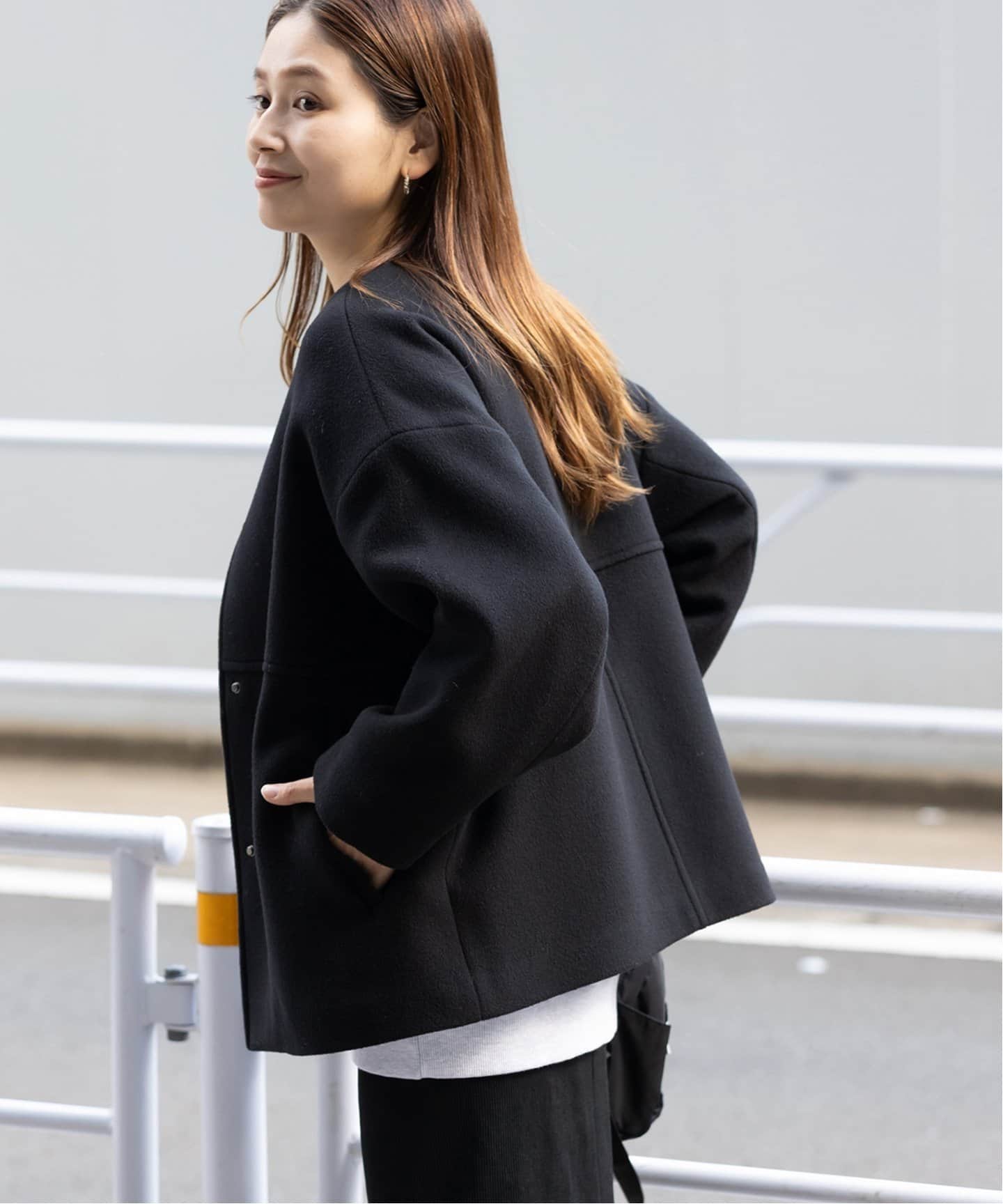 スーパー140ビーバーノーカラーショートコート（ノーカラーコート