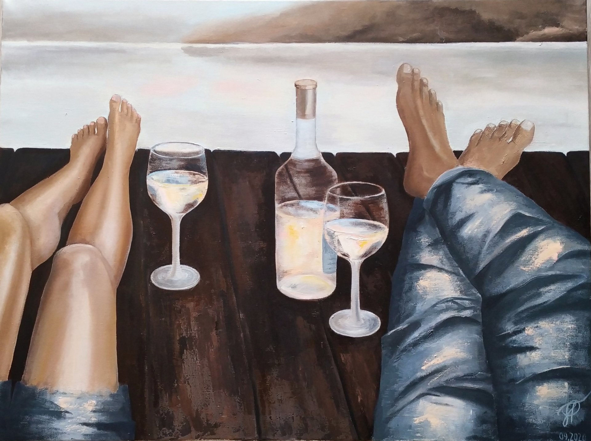 Evening with wine Painting by Yulianna Tulinova