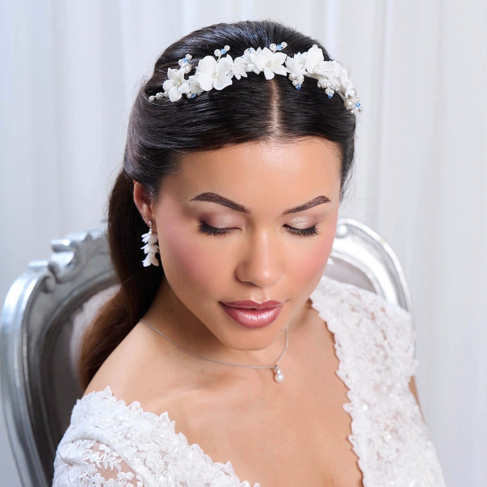 Tiffany Pearl and Light Sapphire Crystal Floral Tiara