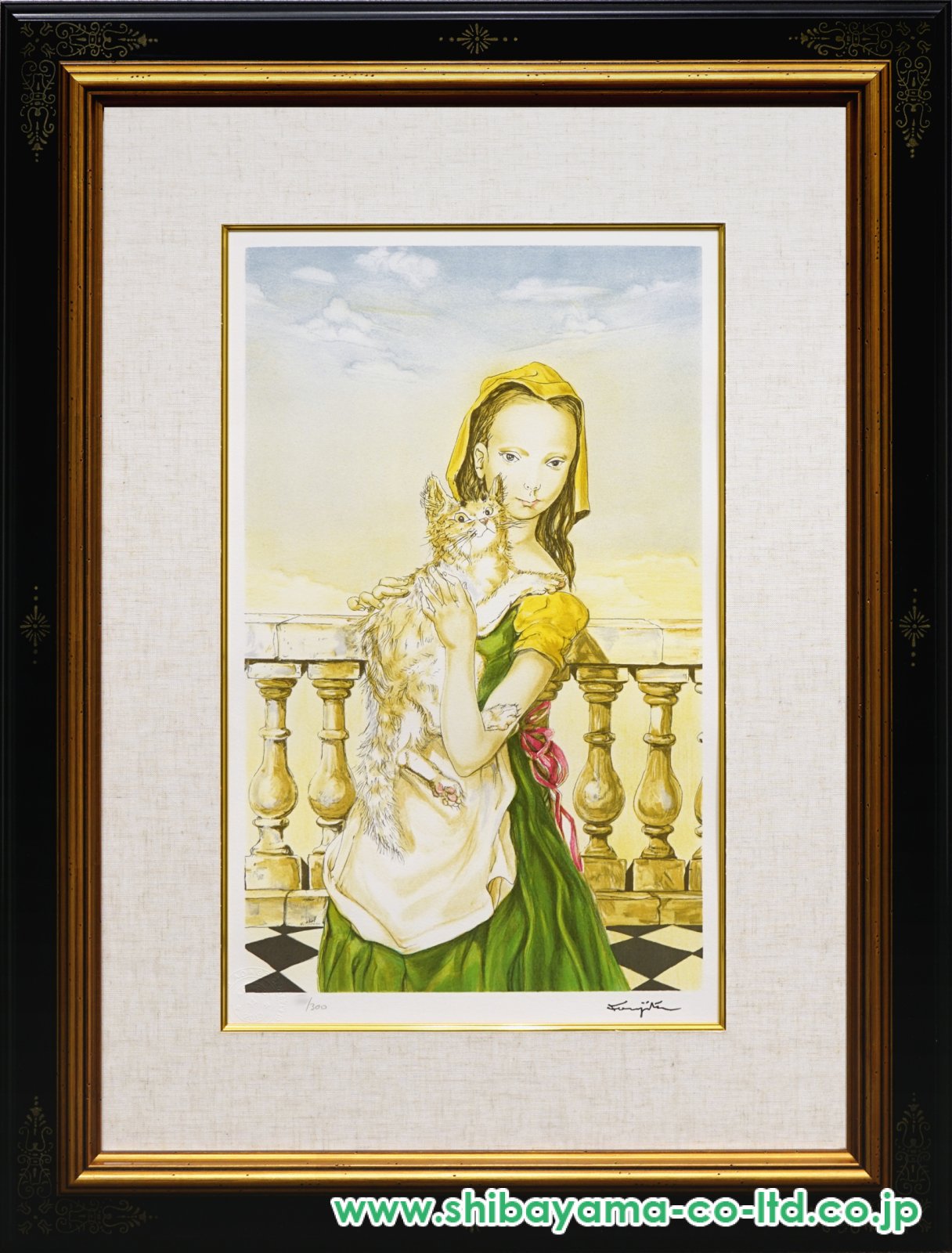 藤田嗣治「バルコニーの猫と少女」リトグラフ :: 絵画買取・販売
