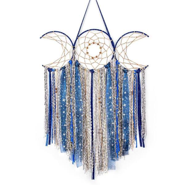 Blue 21.3 in x 35.4 in Cotton Moon Goddess Macrame Dreamcatcher