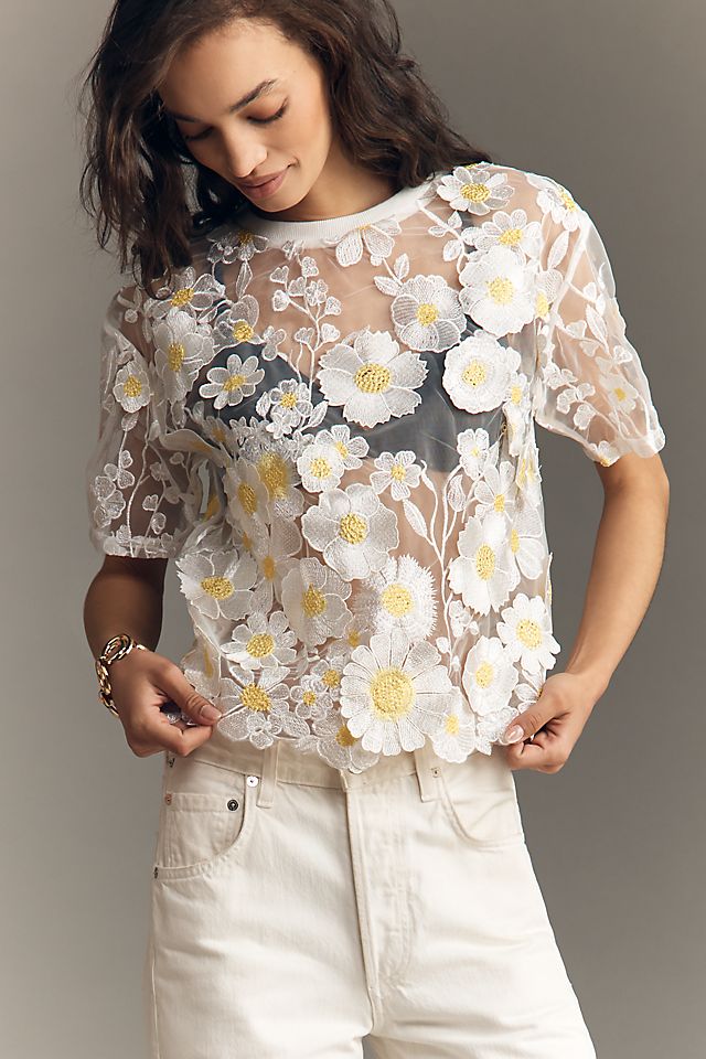 Dolan Left Coast Flower Appliqué Sheer Tee | Anthropologie