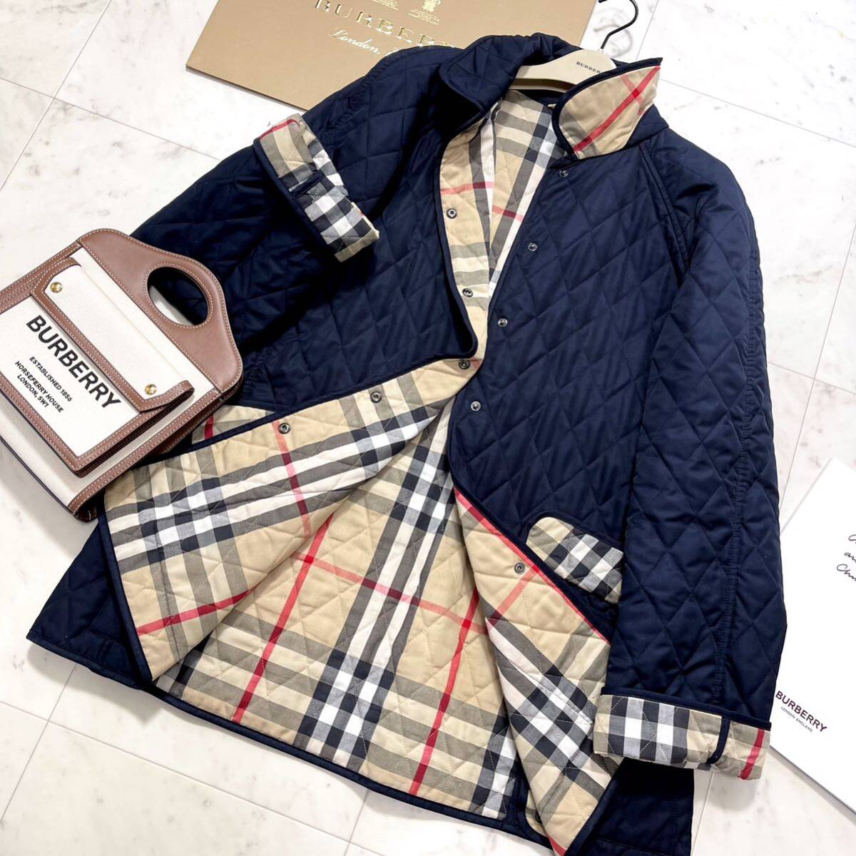 人気XLサイズバーバリー ノバチェック キルト 中綿 ウール コート