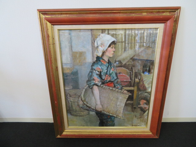 2342】 寅若繁 油絵 石川県出身 一水会 20号 真筆保証 額サイズ95