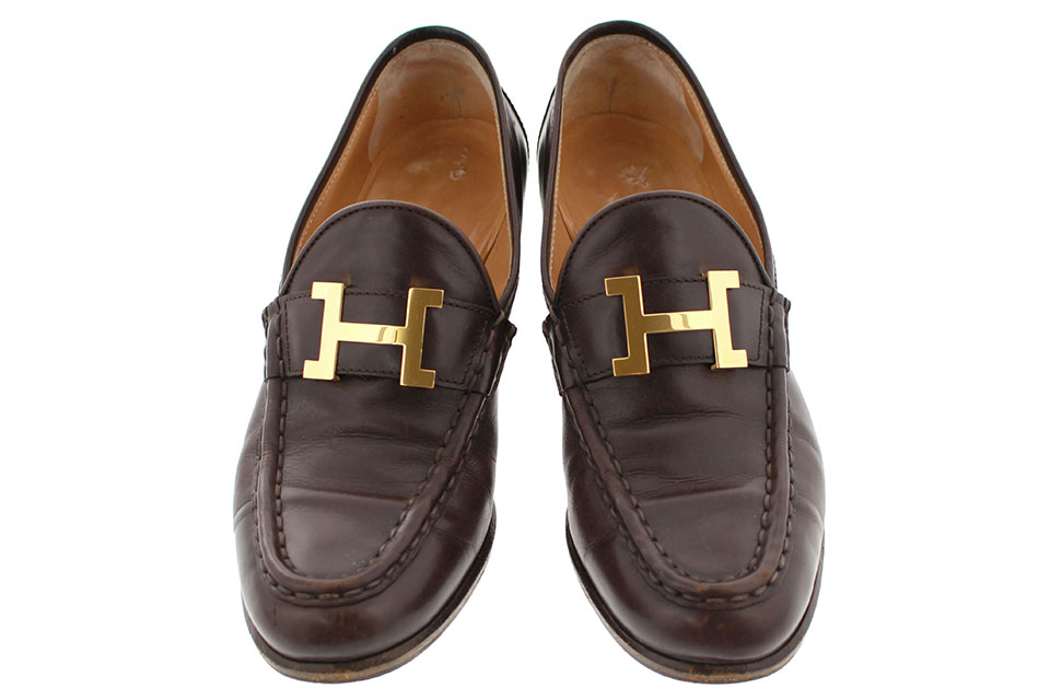 ヒール付きローファー H金具 レザー ブラウン レディース #34 1/2