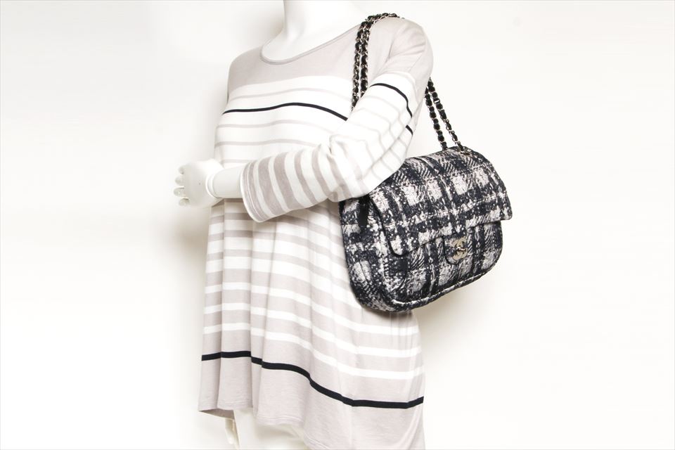 チェーンショルダーバッグ ツイード柄 ナイロン 白/黒 A66457