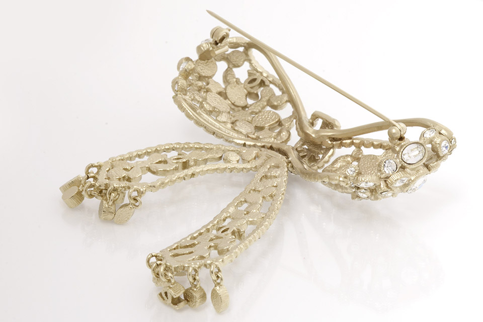 ブローチ リボン ラインストーン シャンパンゴールド