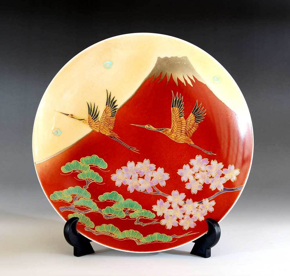 有田焼 陶芸家 藤井錦彩作】有田焼美術品 辰砂釉金彩赤富士山鶴松桜絵