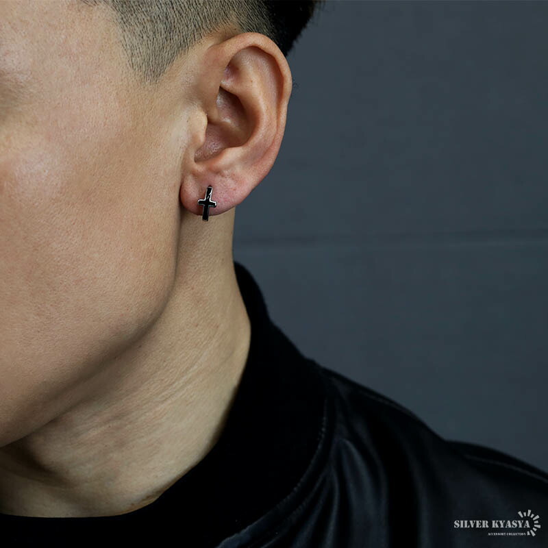 ブラック クロス フープピアス ステンレス メンズ シンプル ピアス