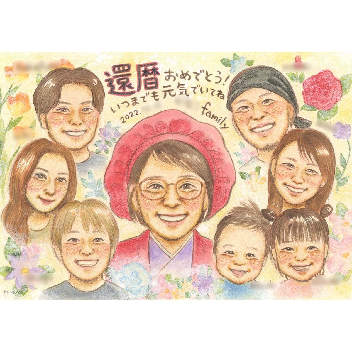 オーダーメイド似顔絵 60歳のお祝いに家族みんなの顔を描いた世界に一