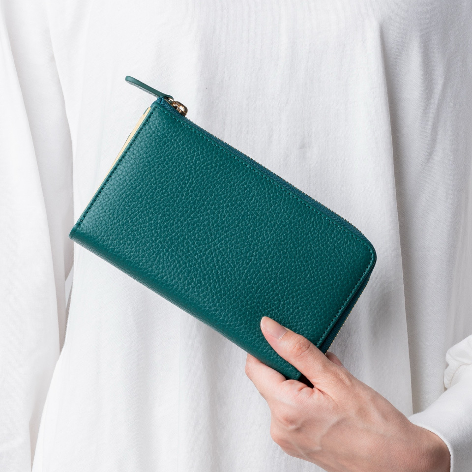 イタリアンレザー バイカラー 薄型 L字ファスナー スキミング防止 ゴム