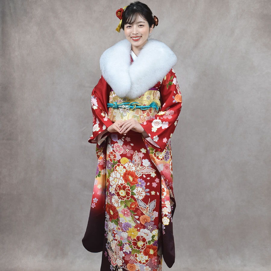 日本製 成人式 ショール ブルー フォックス 振袖 着物 和装 ファー