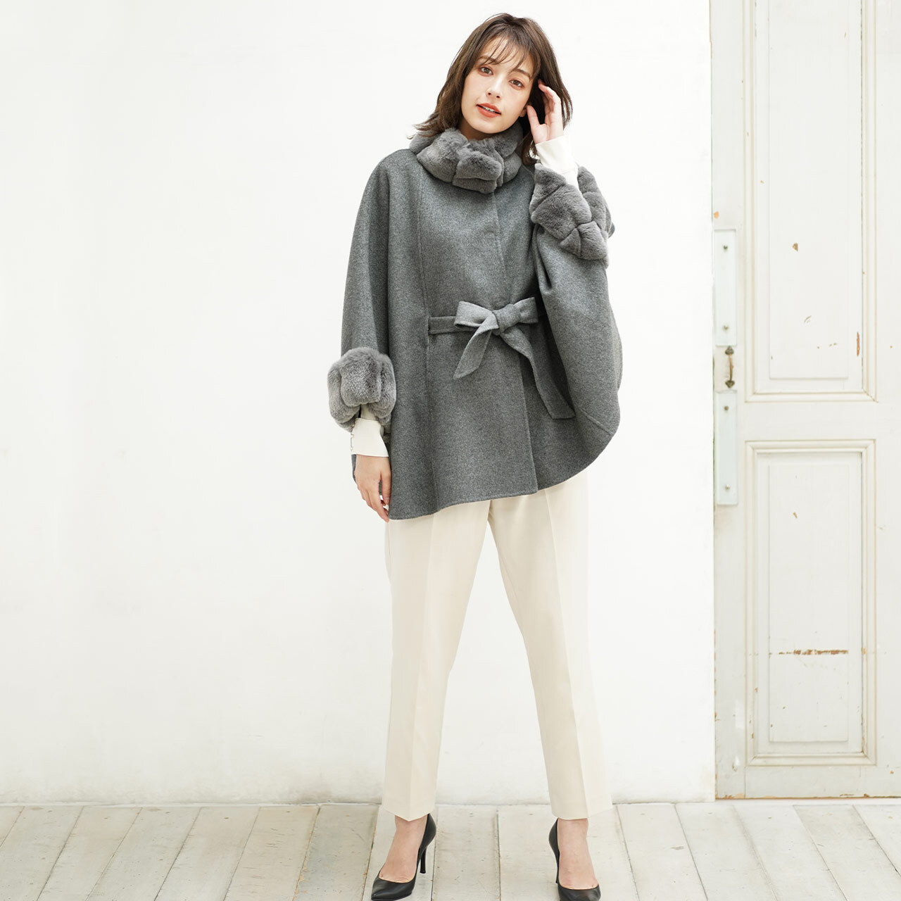 カシミヤ ブレンド ウール ケープ レッキス ファー 一枚仕立て 手縫い