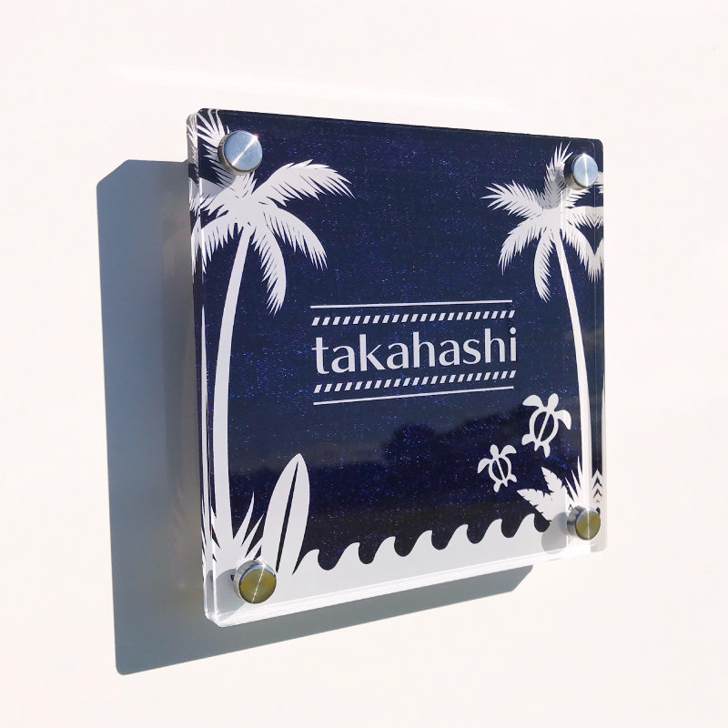 アクリル表札/ホワイト×ネイビー】 ネイビー 紺 白 プルメリア ホヌ