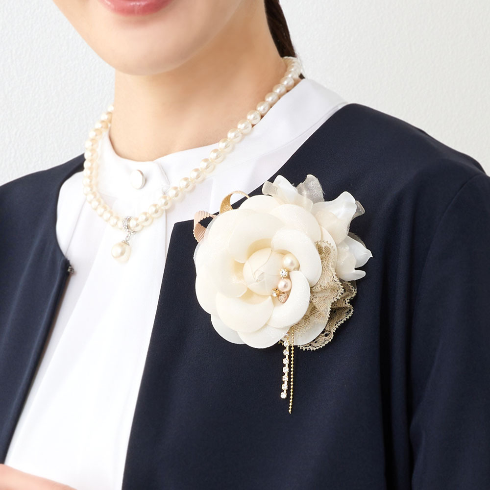 コサージュ 日本製 ブローチ カメリア パール レース フラワー