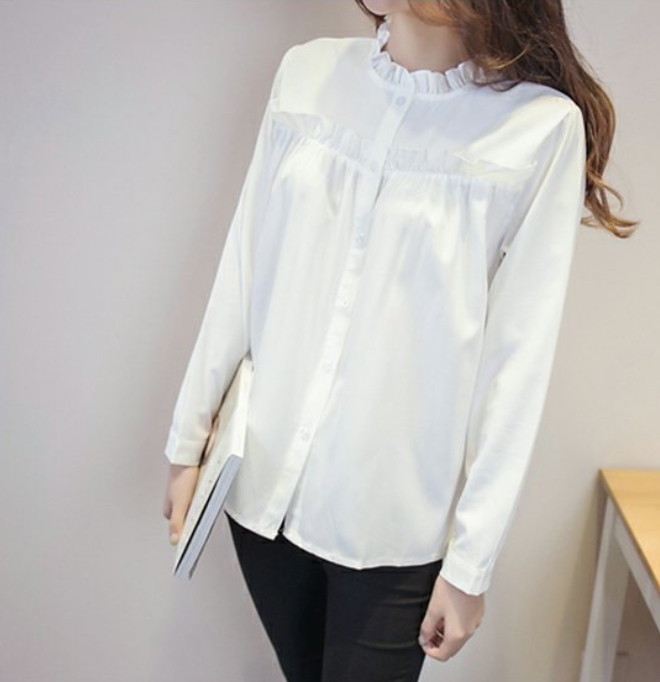 シャツ ブラウス フリル スタンドカラートップス 長袖 ホワイト 白