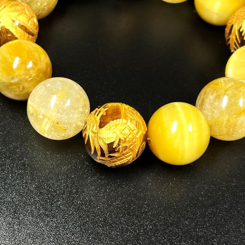 決断力を高める数珠］16ミリ 金彫四神獣 タイガーアイ ゴールデン