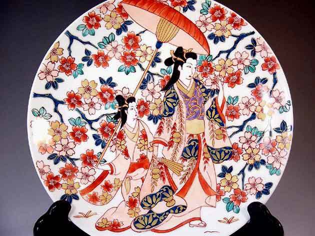 有田焼 陶芸家 藤井錦彩作】有田焼美術品 古伊万里染錦金彩元禄美人絵