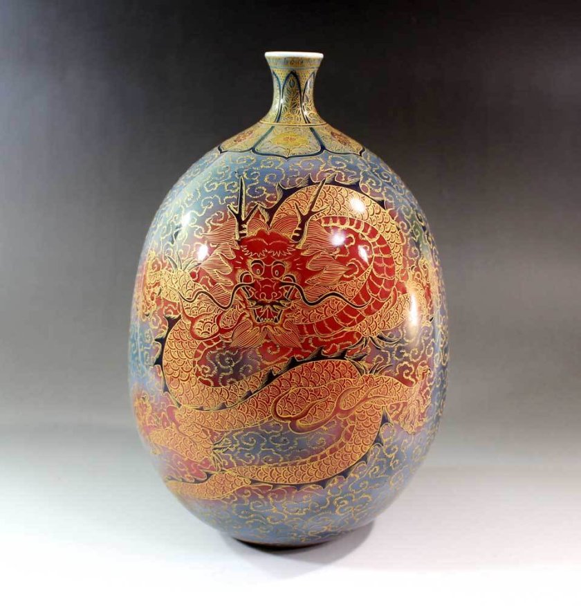 極上手・金襴手様式釉裏彩龍絵花瓶 陶芸作家 藤井錦彩 作 桐箱入り