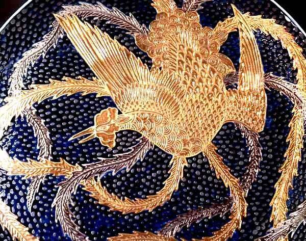 有田焼 陶芸家 藤井錦彩作】有田焼美術品 鉄釉金プラチナ彩鳳凰絵飾り