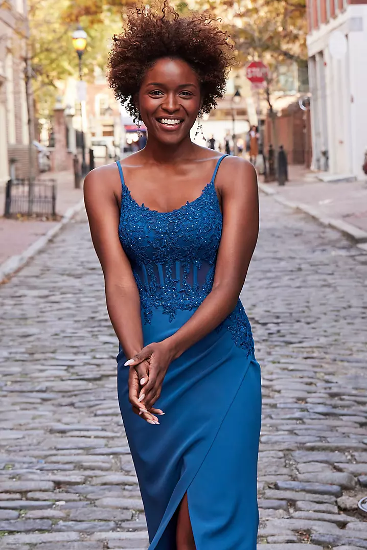 Sheath Crepe Gown with Embellished Corset Bodice | David's Bridal