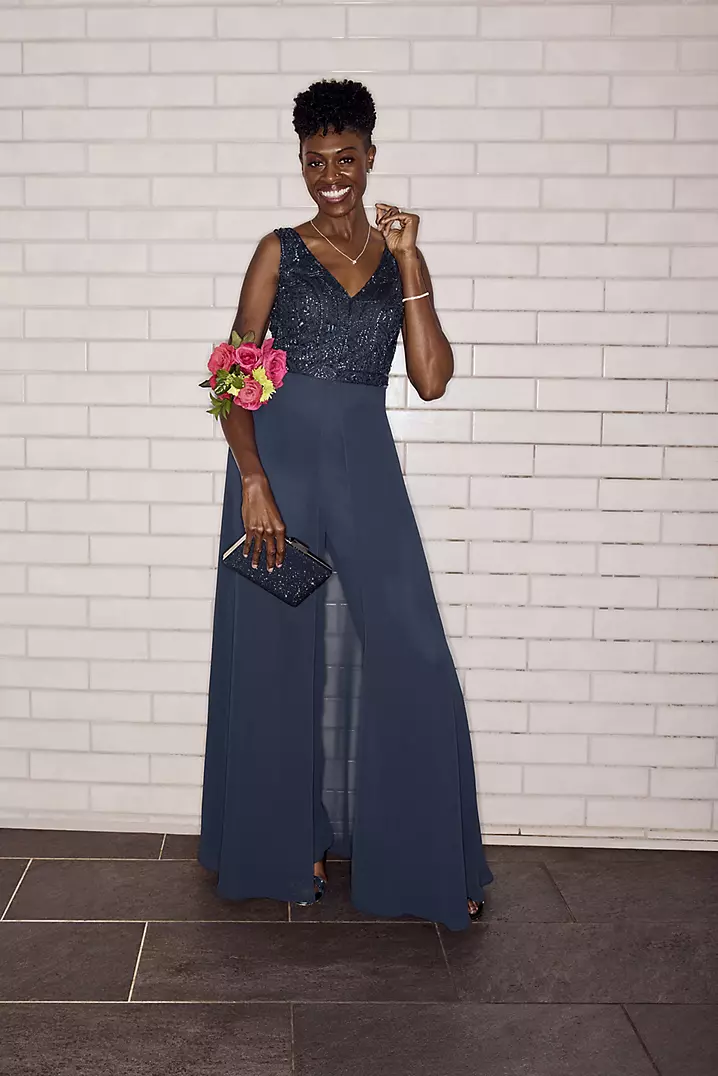 Beaded Bodice Jumpsuit with Matching Scarf | David's Bridal