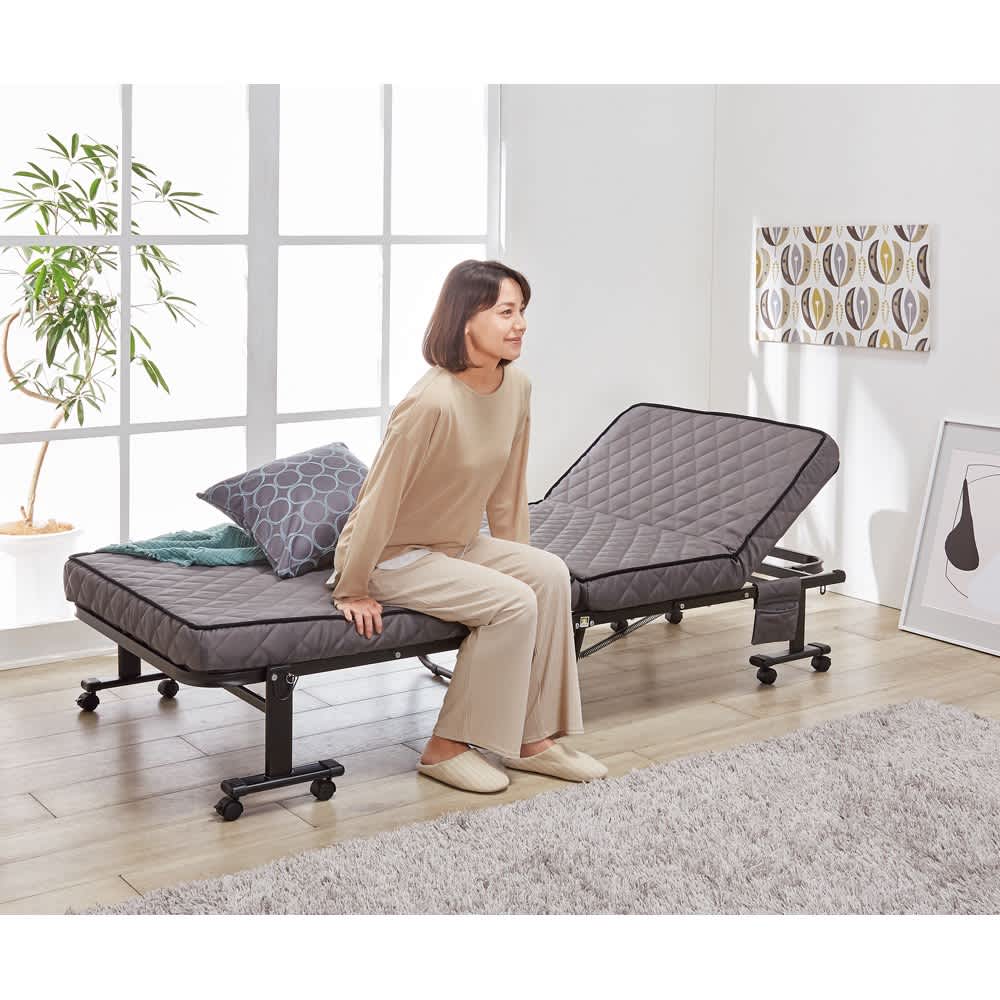 組立不要 立ち座りしやすい折りたたみベッド グレー系「訳あり・外装