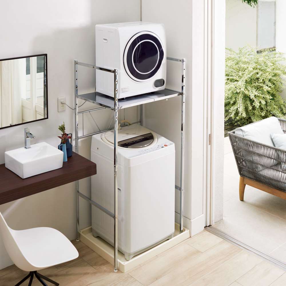 乾燥機も置ける天板頑丈ランドリーラック 幅61～80奥行57高さ155cm「訳