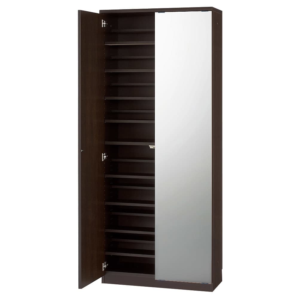 効率収納できる段違い棚シェルフ ［本体 ミラー扉タイプ 開き戸 幅75.5