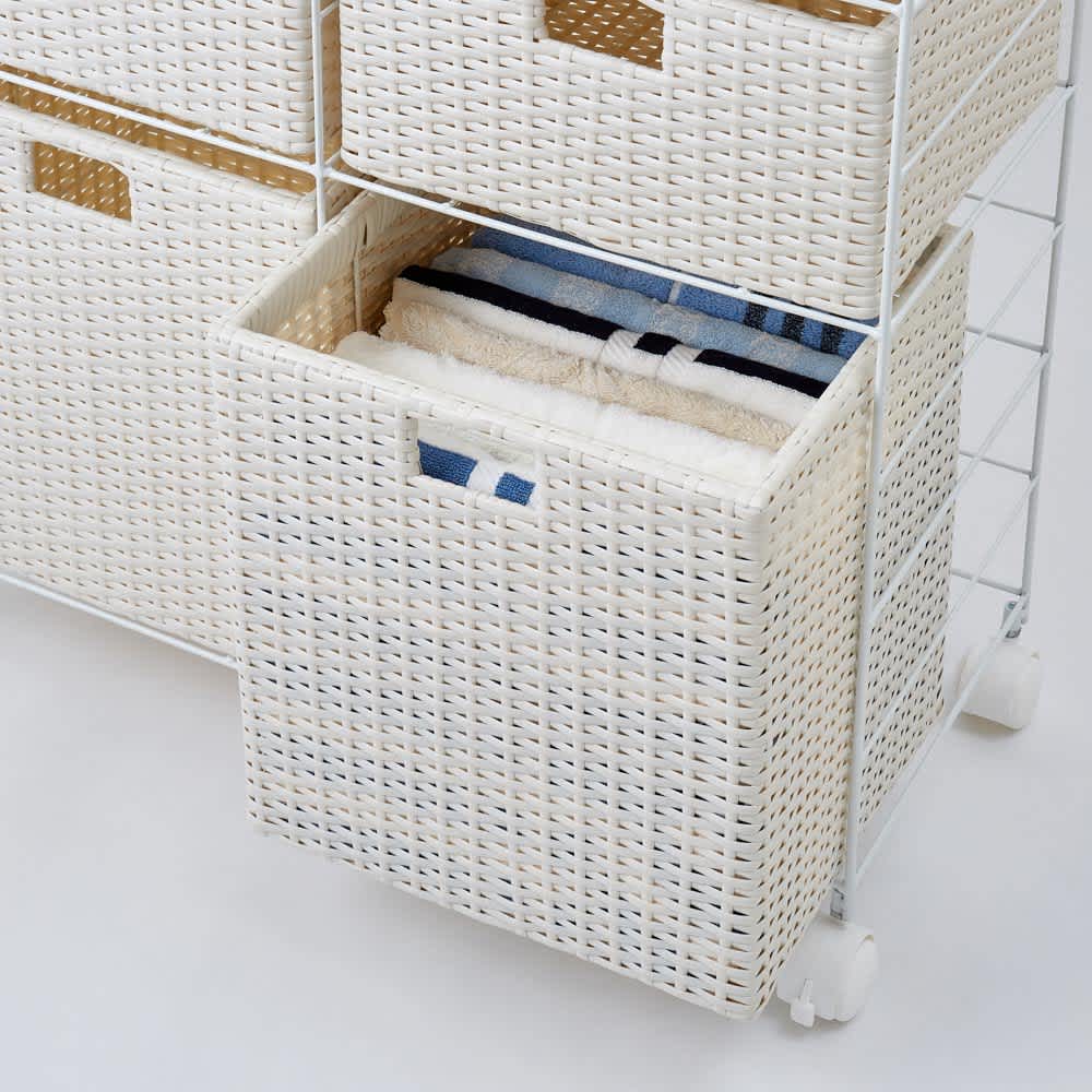 ラタン風ランドリーチェスト ワイド3段（幅74・奥行34.5・高さ80cm