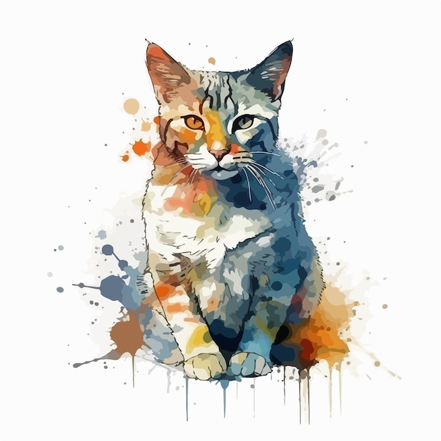 オレンジ色の縞模様と青い目をした猫の水彩画。 | Premium AI生成