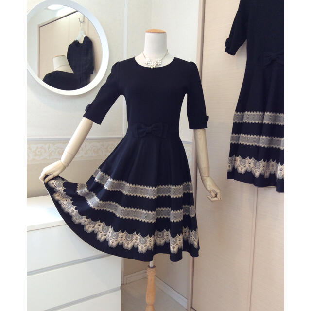M'S GRACY 黒 ニット編込みレース ワンピース 38 M'S GRACY 黒 ニット