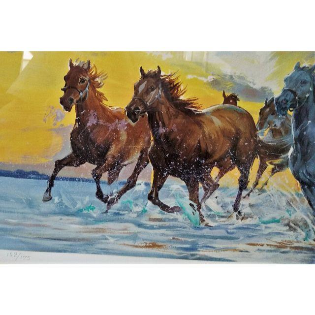 真作保証】日本画家 中畑艸人 水に駆ける 馬（夏） リトグラフ 152/175
