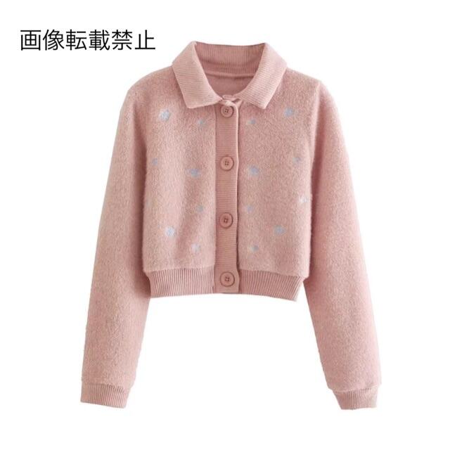 ZARA - 🎃10月新作👻6477◇pink ピンク 刺繍 花 襟ニット カーディガン