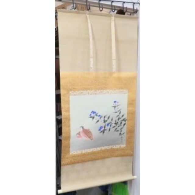 真作掛軸 津田真『秋野 秋草に鶉』絹本 共箱 二重箱 掛け軸 m011121