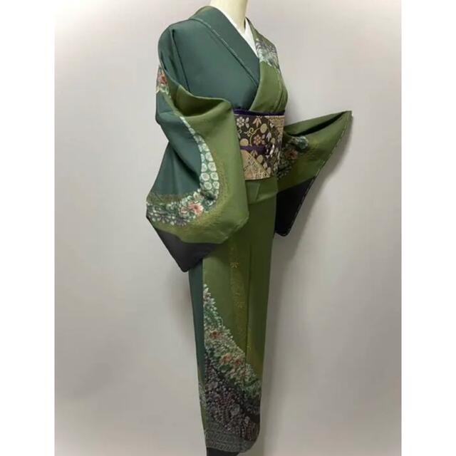 特選絞り染め訪問着❣️【辻ヶ花文様⭐️深緑色×抹茶色】グリーン