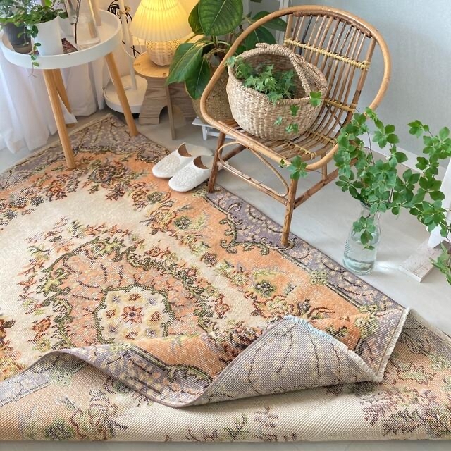 くすみオレンジ41×70 メダリオンくすみグリーントルコヴィンテージラグ