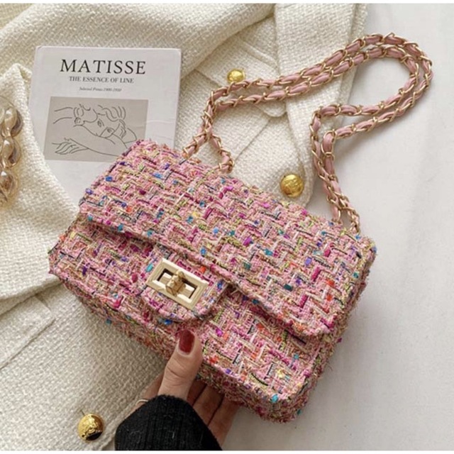 レディース ツイードショルダーバッグ チェック ピンク 肩がけバッグ