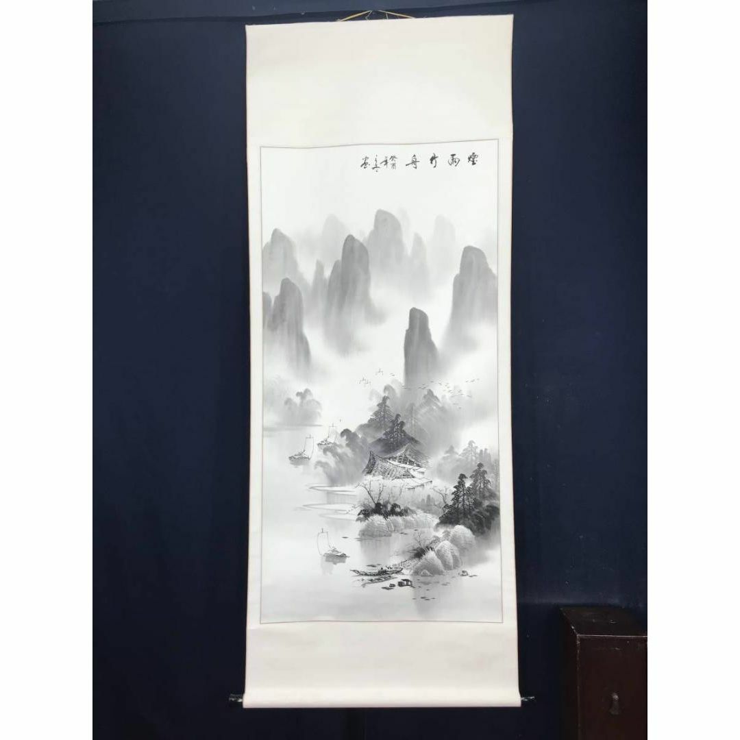 作者不詳/煙雨竹舟図/中国山水図/山水図/掛軸☆宝船☆AB-497の通販 by