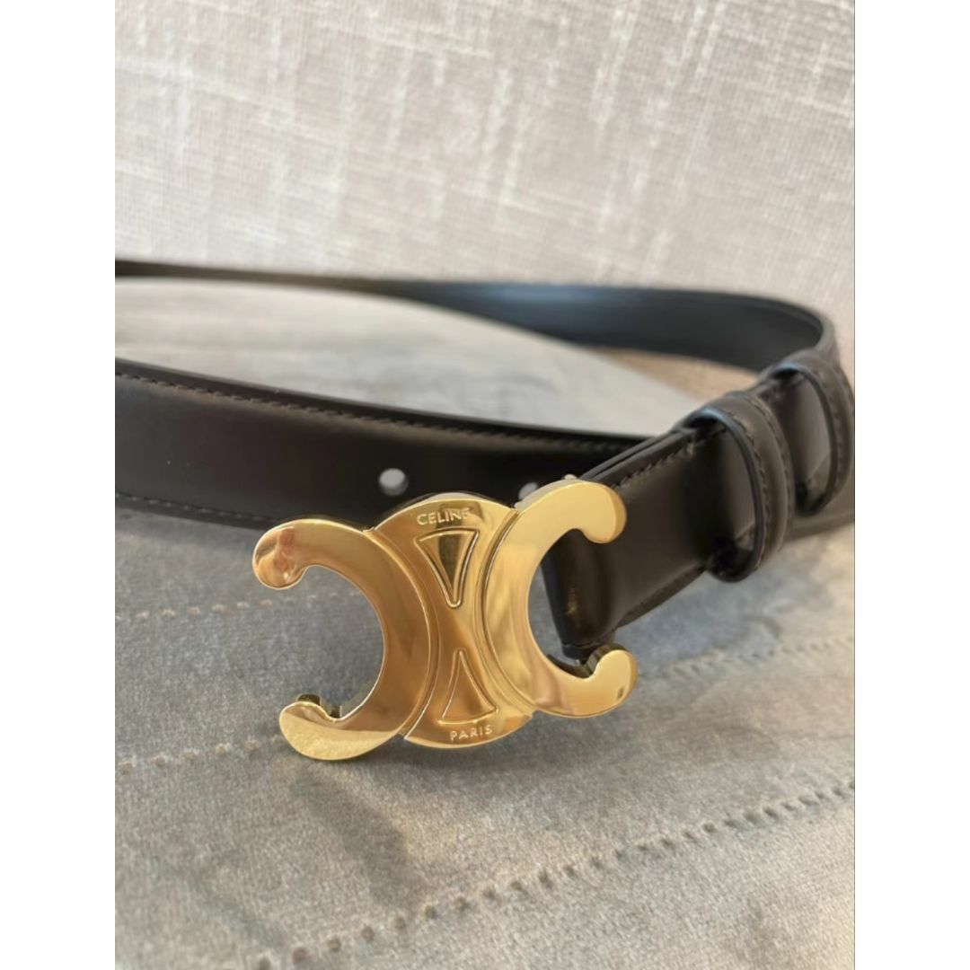 CELINE ブラックレザーベルト セリーヌ黒レザー金色バックルベルト