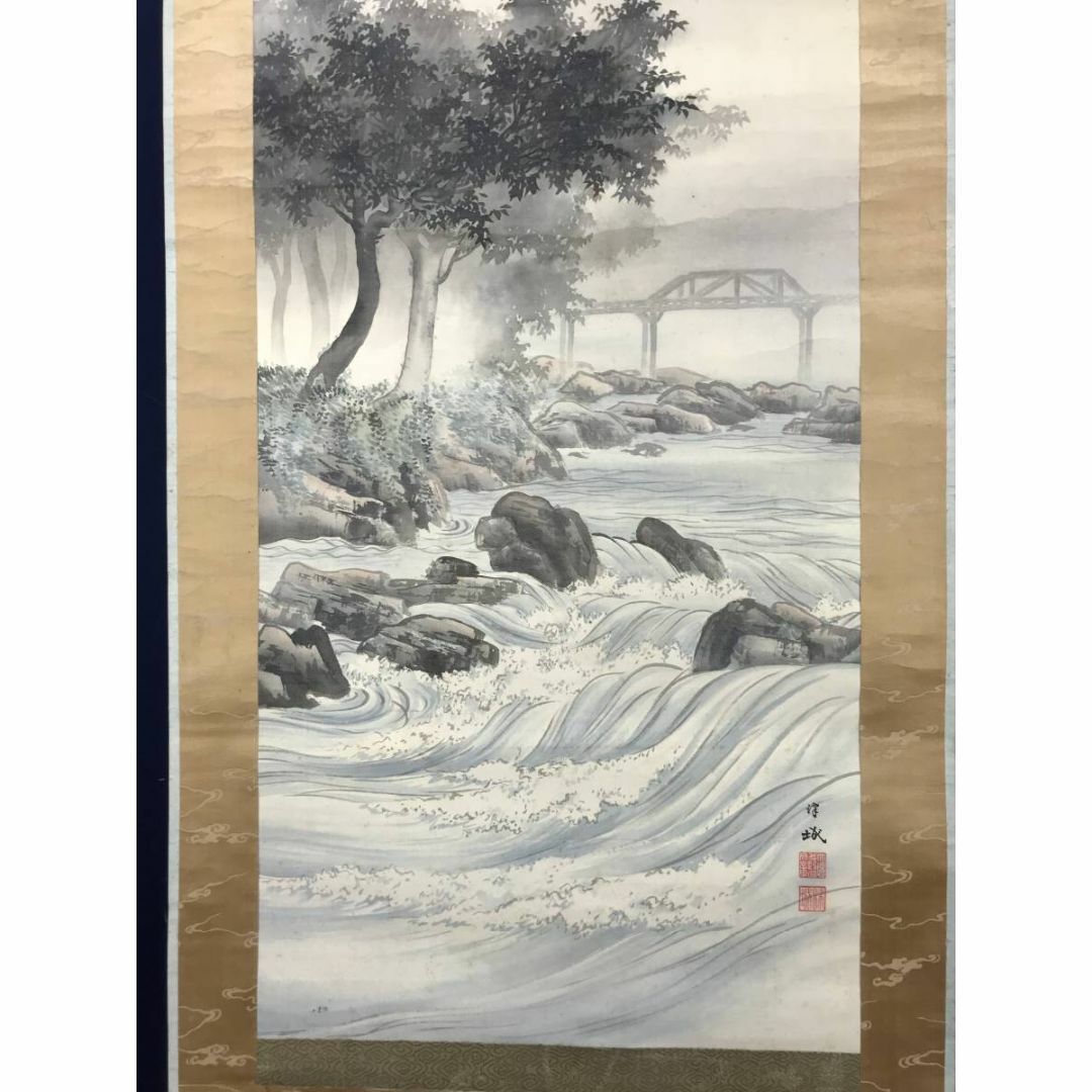 真作/小林松僊/青緑山水図/山渓図/ツバメ図/燕図/掛軸☆宝船☆AH-700