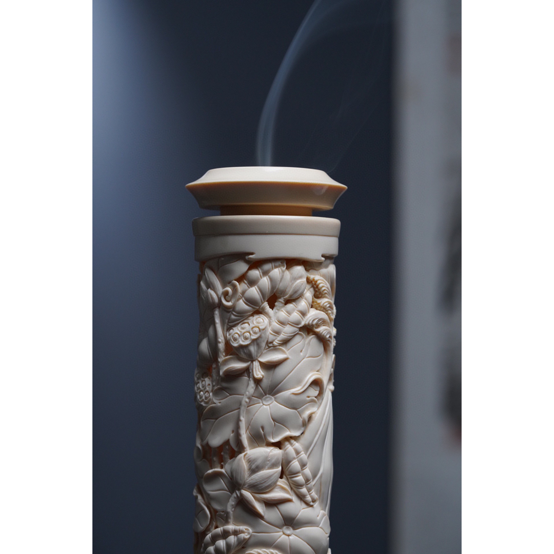 天然マンモス牙美しい手作り彫刻一鷺蓮昇香筒