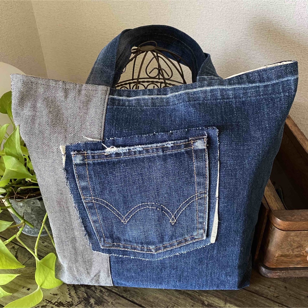 ハンドメイド デニム リメイク トートバッグ ヒッコリー 刺し子 うろこ